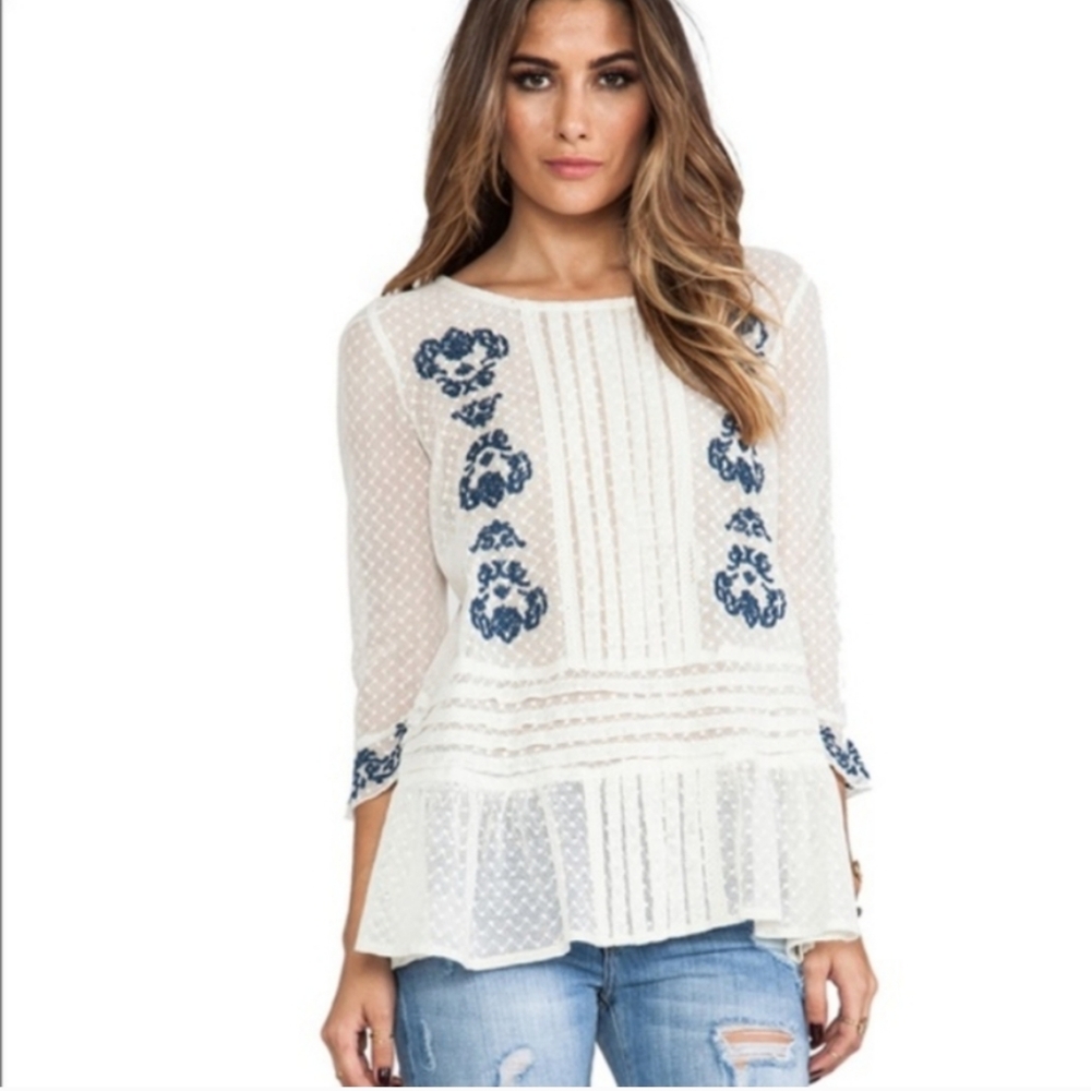 Free People Lace Top With Floral Embroidery